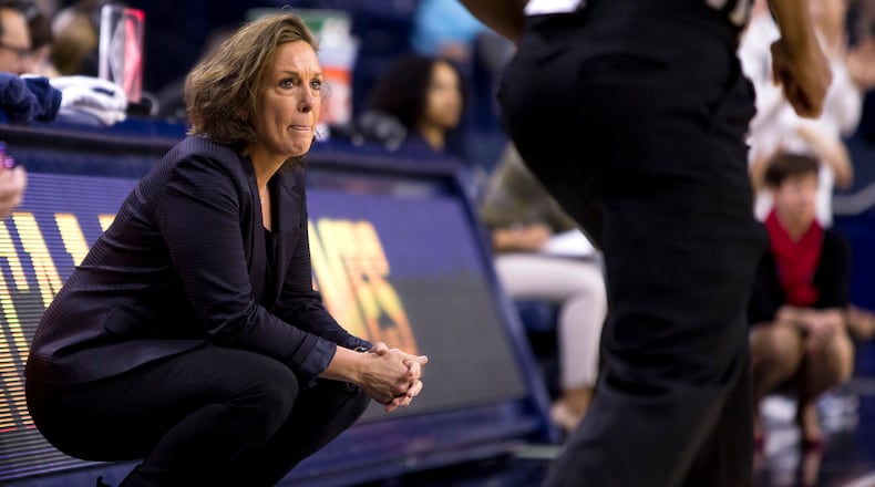 Georgia Tech head coach MaChelle Joseph looks on against Notre Dame Sunday, Feb. 3, 2019, in South Bend, Ind. Notre Dame won 90-50.
