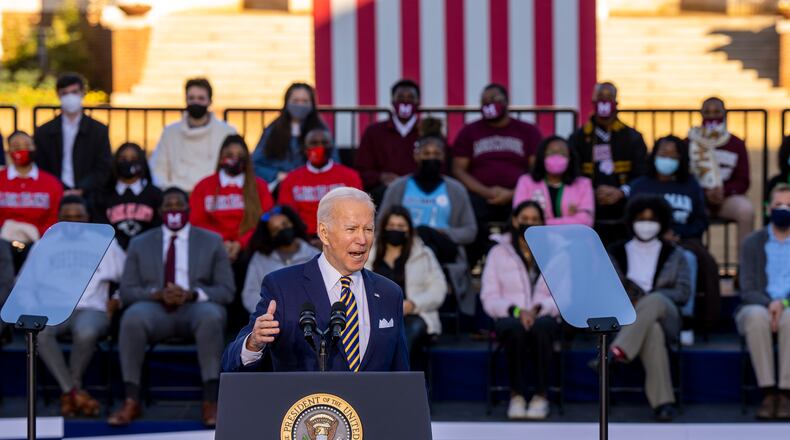 Democrats are concerned that slipping approval ratings for President Joe Biden, shown speaking earlier this month at the Atlanta University Center, could hurt their chances in November's elections, including races for governor and the U.S. Senate. An Atlanta Journal-Constitution poll released this past week shows the president's approval rating at 34%, down from 51% in May. (Doug Mills/ New York Times)