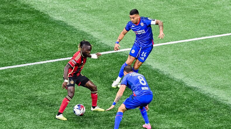 Atlanta United midfielder Tristan Muyumba #8 dribbles the ball during the match against Cruz Azul at Mercedes-Benz Stadium in Atlanta, GA on Saturday July 29, 2023. (Photo by Asher Greene/Atlanta United)