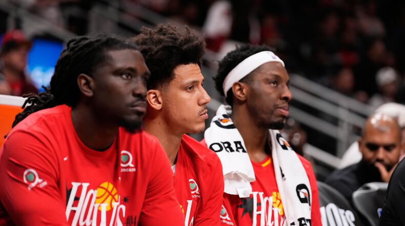 Atlanta Hawks forward Jalen Johnson (1) looks on after Game 6 in a first-round NBA basketball playoffs series against the New York Knicks Thursday, April 30, 2026, in Atlanta. (AP Photo/Brynn Anderson)
