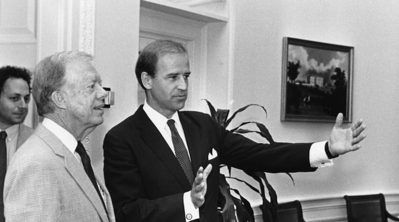 Former President Jimmy Carter with then-Sen. Joe Biden in June 1987 at the Carter Center in Atlanta. (Steve Deal/The Atlanta Journal-Constitution)
