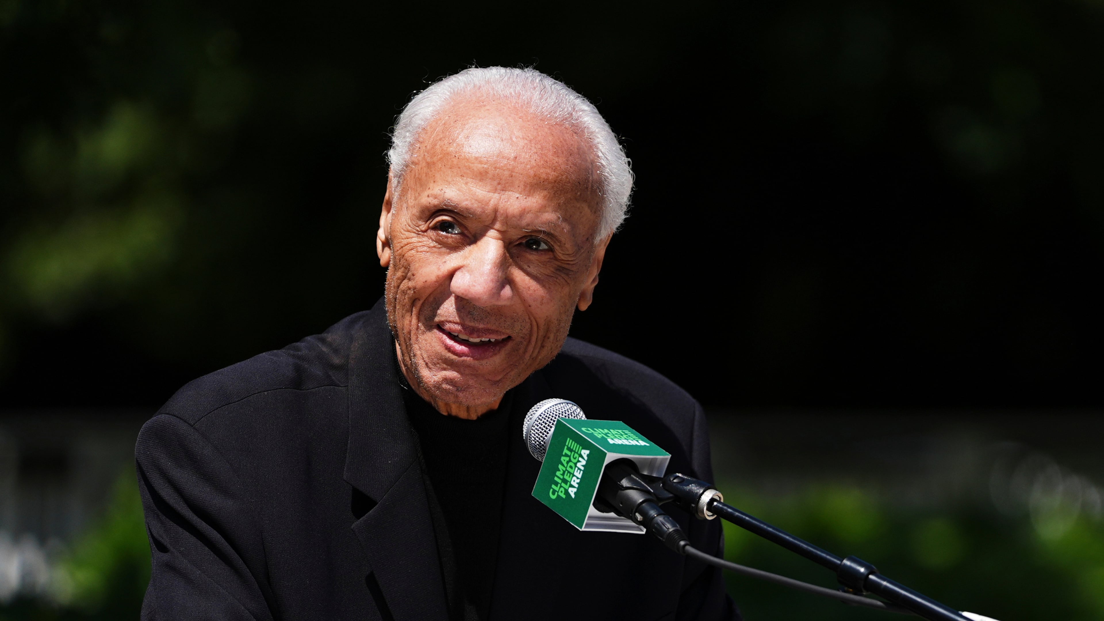 FILE - Former NBA basketball player and coach Lenny Wilkens delivers remarks during his statue unveiling event outside Climate Pledge Arena, June 28, 2025, in Seattle. (AP Photo/Lindsey Wasson, File)