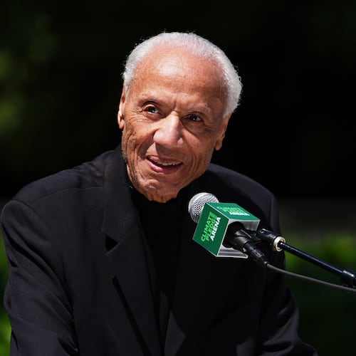 FILE - Former NBA basketball player and coach Lenny Wilkens delivers remarks during his statue unveiling event outside Climate Pledge Arena, June 28, 2025, in Seattle. (AP Photo/Lindsey Wasson, File)