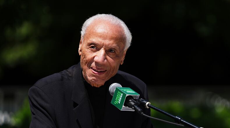 FILE - Former NBA basketball player and coach Lenny Wilkens delivers remarks during his statue unveiling event outside Climate Pledge Arena, June 28, 2025, in Seattle. (AP Photo/Lindsey Wasson, File)
