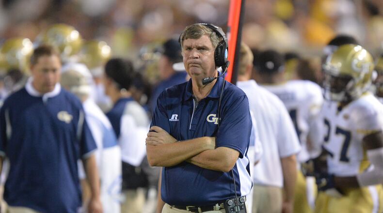 September 3, 2015 Atlanta - Georgia Tech Yellow Jackets head coach Paul Johnson reacts in the first half of the Georgia Tech season opener in Bobby Dodd Stadium on Thursday, September 3, 2015. HYOSUB SHIN / HSHIN@AJC.COM