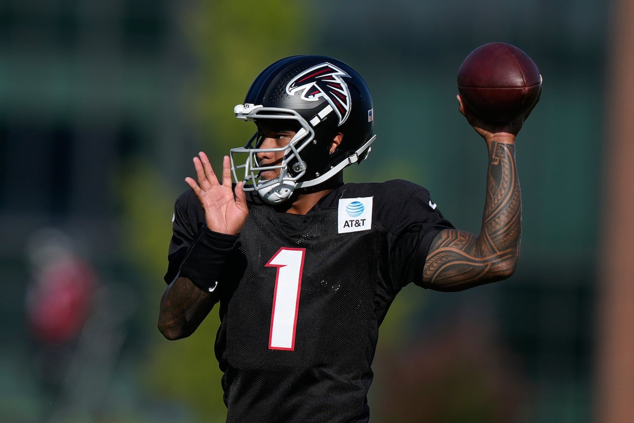 Atlanta Falcons quarterback Tua Tagovailoa runs drills during an NFL football training camp practice on Monday, Aug. 17, 2026, in Flowery Branch, Ga. (Brynn Anderson/AP)