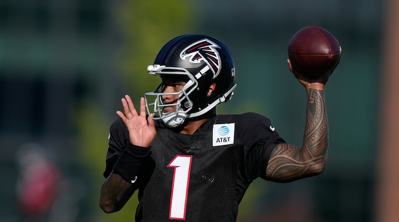 Atlanta Falcons quarterback Tua Tagovailoa runs drills during an NFL football training camp practice on Monday, Aug. 17, 2026, in Flowery Branch, Ga. (Brynn Anderson/AP)