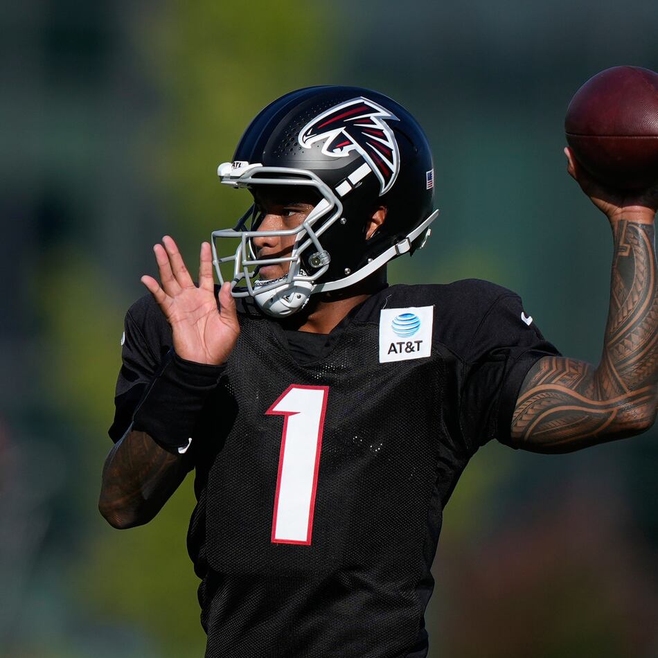 Atlanta Falcons quarterback Tua Tagovailoa runs drills during an NFL football training camp practice on Monday, Aug. 17, 2026, in Flowery Branch, Ga. (Brynn Anderson/AP)