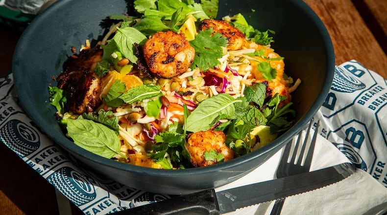 Cabbage and Crispy Rice Salad with blackened shrimp at Breaker Breaker. (Courtesy of Justin Dombrowski and Naomi B. Smith)