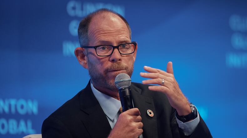 FILE - Mark Suzman, CEO and Board Member of the Gates Foundation speaks during the Clinton Global Initiative, on Sept. 24, 2025, in New York. (AP Photo/Andres Kudacki, File)
