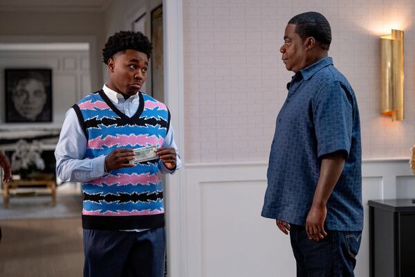 In NBC's "The Fall and Rise of Reggie Dinkins," Atlanta's Jalyn Hall plays Carmelo, the son of Reggie Dinkins played by Tracy Morgan. (Scott Gries/NBC)