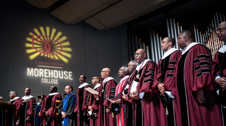 Morehouse College dignitaries and professors line the stage of the Martin Luther King Jr. International Chapel during the graduation ceremony on campus in 2017. The historically Black college for men in Atlanta is launching an institute for Black male research. (Steve Schaefer for The Atlanta Journal-Constitution)