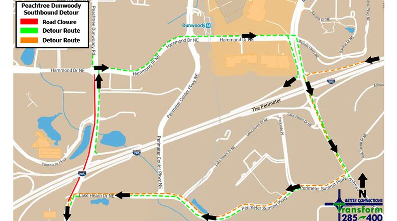 Map depicts the recommended detour when southbound Peachtree Dunwoody Road is closed at I-285 in the Sandy Springs-Dunwoody area. GEORGIA DEPARTMENT OF TRANSPORTATION