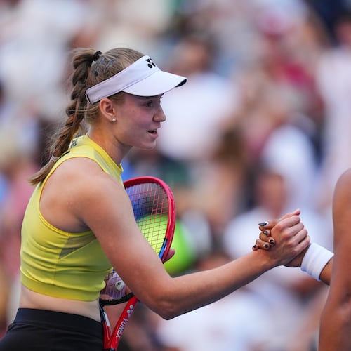 Elena Rybakina, of Kazakhstan, left, greets Naomi Osaka, of Japan, after winning a match during the fourth round of the U.S. Open tennis championships, Monday, Sept. 7, 2026, in New York. (AP Photo/Kirsty Wigglesworth)