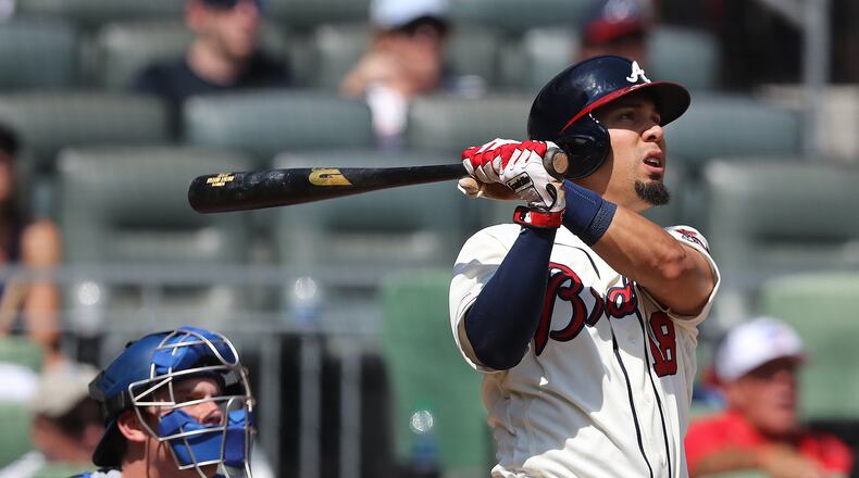 August 18, 2019 Atlanta: Atlanta Braves Rafael Ortega hits a grand slam to take a 5-3 lead over the Los Angeles Dodgers during the sixth inning in a MLB baseball game on Sunday, August 18, 2019, in Atlanta. Curtis Compton/ccompton@ajc.com