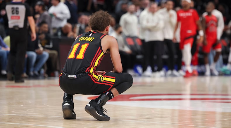 Atlanta Hawks guard Trae Young (11) reacts in the closing minute of a loss to the Toronto Raptors at State Farm Arena, Thursday, Jan. 23, 2025, in Atlanta. The Raptors defeated the Hawks 122-119. (Jason Getz/The Atlanta Journal-Constitution/TNS)
