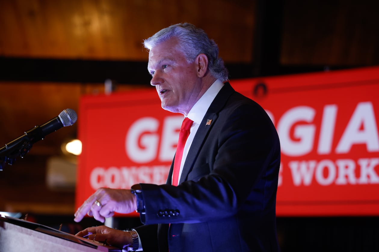 Republican U.S. Senate candidate Mike Collins speaks at his primary election watch party at The Carmichael House in Jackson on May 19, 2026. Collins, who in his second term in the U.S. House representing the 10th Congressional District, advanced to the June 16 runoff that will determine which Republican will face incumbent Democratic Sen. Jon Ossoff. (Arvin Temkar/AJC)