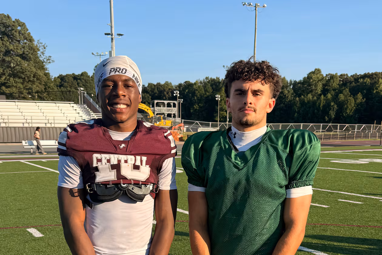 Central of Carrollton sophomore receiver Jordan Kendrix (left) and senior quarterback JR Harris had two record-breaking performances on Friday, Sept. 4, 2026. (Courtesy of Umbrah Brown)