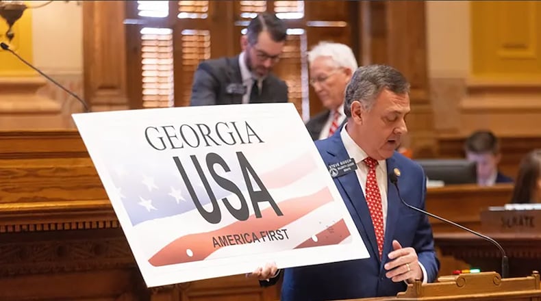 Senate Majority Leader Steve Gooch introduces a bill to create an “America First” specialty license plate, Feb. 29, 2024. (Georgia Press Office)