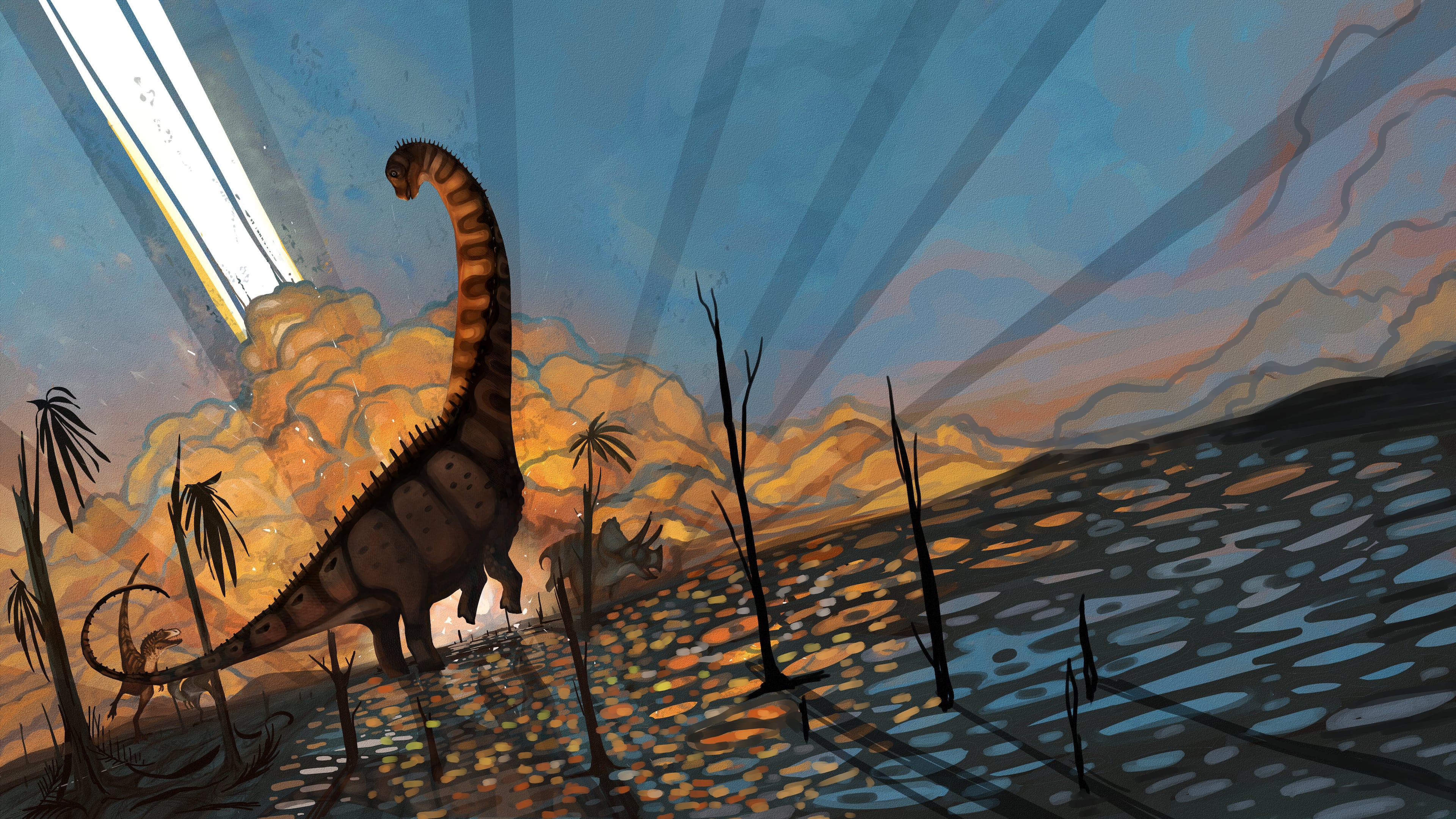 This illustration provided by researchers in October 2025 depicts an Alamosaurus sanjuanensis in southern North America as an asteroid hits the Earth 66 million years ago, causing mass extinction. (Natalia Jagielska/New Mexico State University via AP)