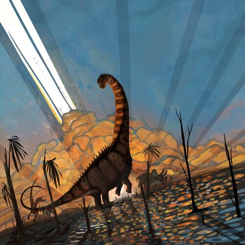 This illustration provided by researchers in October 2025 depicts an Alamosaurus sanjuanensis in southern North America as an asteroid hits the Earth 66 million years ago, causing mass extinction. (Natalia Jagielska/New Mexico State University via AP)