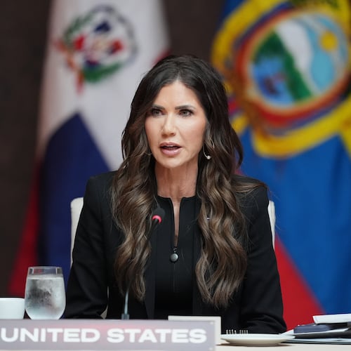 Secretary of Homeland Security Kristi Noem delivers remarks at a working lunch at the Shield of the Americas Summit, Saturday, March 7, 2026, at Trump National Doral Miami in Doral, Fla. (AP Photo/Rebecca Blackwell)