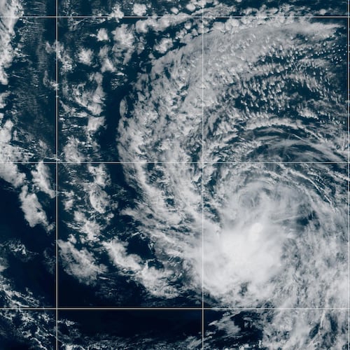 This satellite image released by NOAA shows Tropical Storm Dolly over the Atlantic Ocean, Thursday, Aug. 27, 2026. (NOAA via AP)