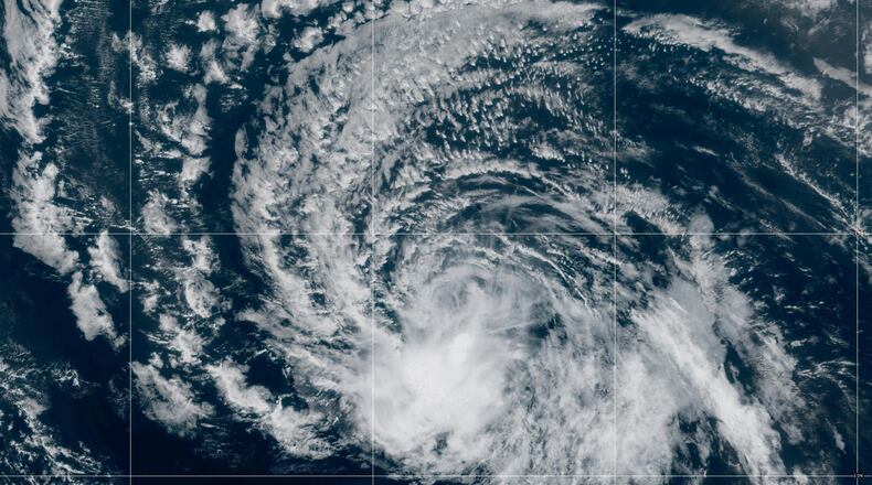 This satellite image released by NOAA shows Tropical Storm Dolly over the Atlantic Ocean, Thursday, Aug. 27, 2026. (NOAA via AP)