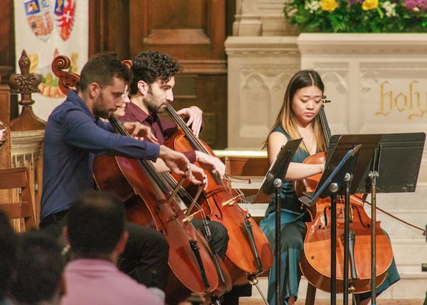 Three cellists perform at 2025's "Eight Cellos of Atlanta" concert. This year's "Eight Cellos" concert is June 28 at St. Luke’s Episcopal Church. (Photo courtesy of Classical Remix Music Festival)