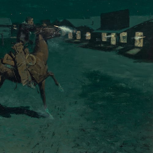 This image provided by Christie's shows Frederic Remington's painting, "Argument with the Town Marshall." (Frederic Remington/Christie's Images Ltd. via AP)