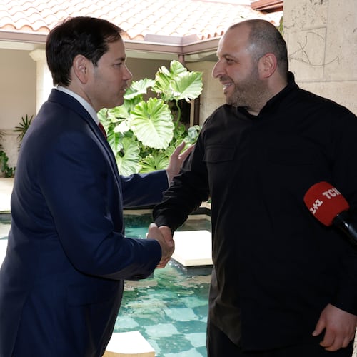 FILE - Secretary of State Marco Rubio, left, and Secretary of the National Security of Ukraine Rustem Umerov shake hands, Nov. 30, 2025, in Hallandale Beach, Fla. (AP Photo/Terry Renna, File)
