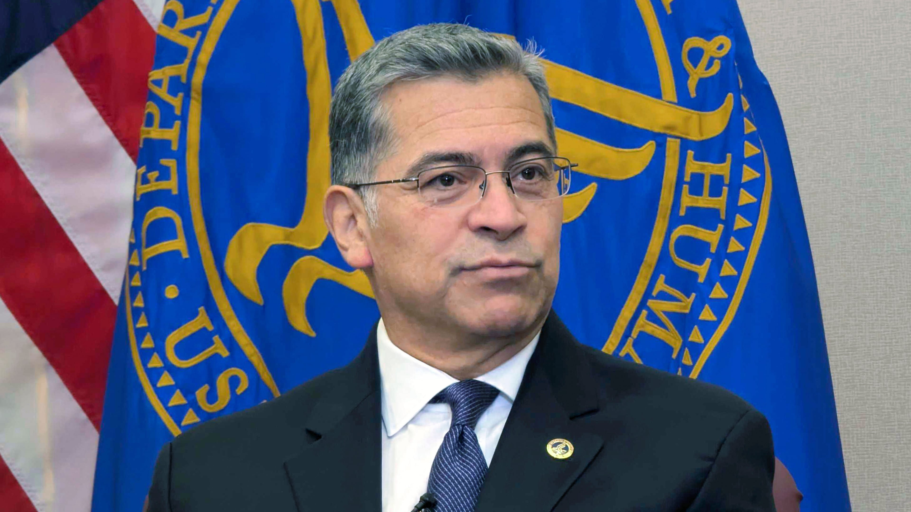 FILE - Secretary of the Department of Health and Human Services Xavier Becerra speaks to The Associated Press Jan. 8, 2024, in Washington. (AP Photo/Nathan Ellgren, File)