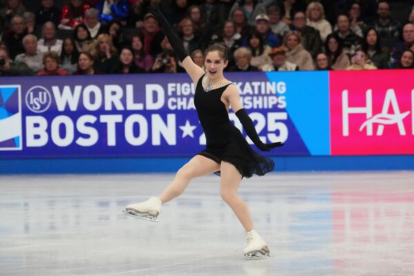 Isabeau Levito of the United States performs during the women's short program at the figure skating world championships, Wednesday, March 26, 2025, in Boston. (AP Photo/Charles Krupa)