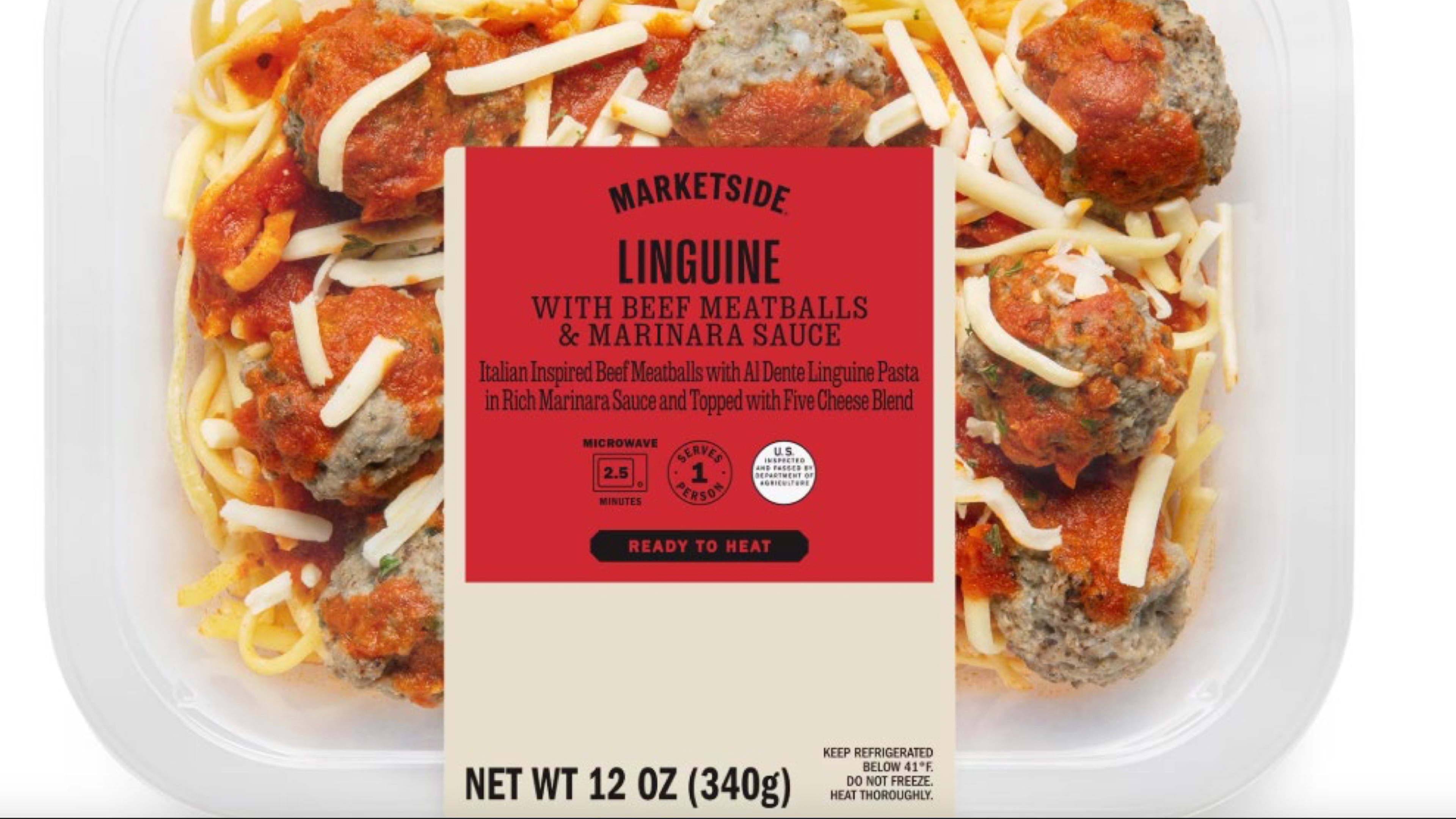 This image provided by U.S. Agriculture Department shows Marketside Linguine with Beef Meatballs & Marinara Sauce. (U.S. Agriculture Department via AP)
