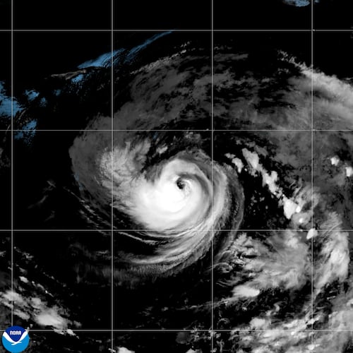 This satellite image released by NOAA shows Hurricane Karina strengthening off the southern tip of Baja California on Sunday, Aug. 30, 2026. (NOAA via AP)