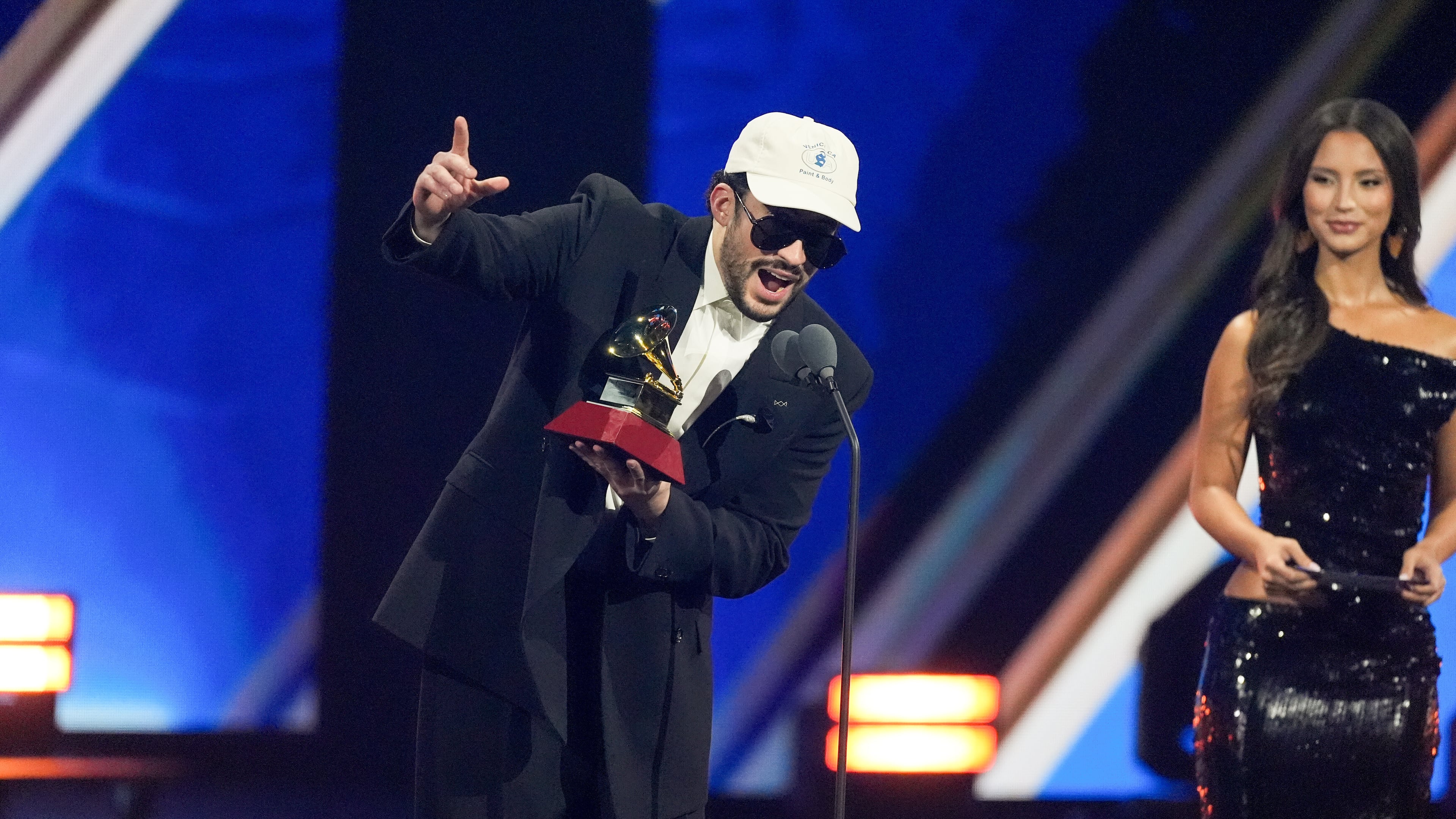 Bad Bunny accepts the award for Album of the Year during the 2025 Latin Grammys on Thursday, Nov. 13, 2025, at MGM Grand in Las Vegas. (AP Photo/Chris Pizzello)