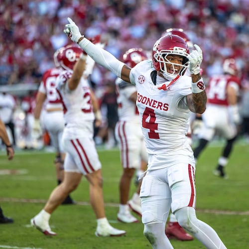 Oklahoma defensive back Courtland Guillory (4) celebrates after Alabama missed a field goal on the final play of the first half in an NCAA college football game, Saturday, Nov. 15, 2025, in Tuscaloosa, Ala. (AP Photo/Vasha Hunt)