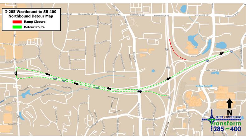 Map depicts the recommended detour when the ramp from westbound I-285 to northbound Ga. 400 is closed in the Perimeter area of North Fulton and DeKalb counties. GEORGIA DEPARTMENT OF TRANSPORTATION