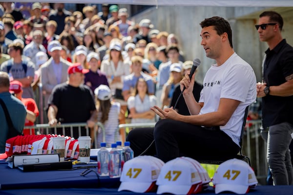 Charlie Kirk speaks shortly before he was shot Wednesday, Sept. 10, 2025, at Utah Valley University in Orem, Utah. (Tess Crowley/AP)