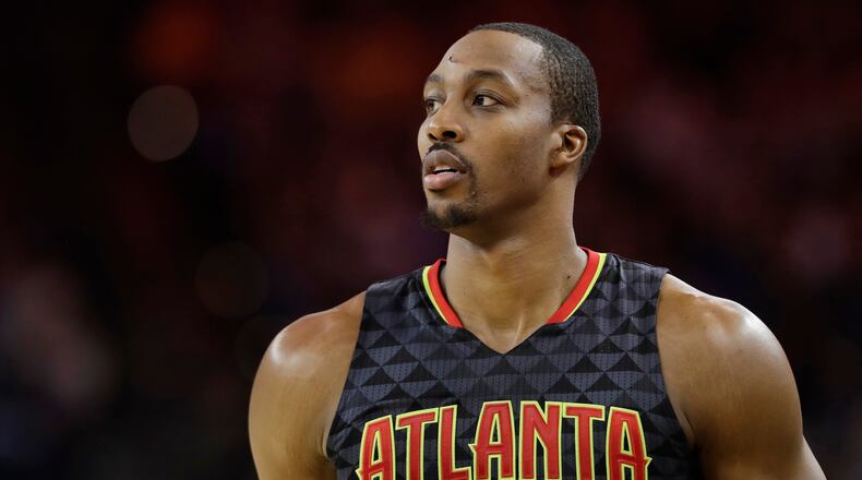 Atlanta Hawks' Dwight Howard during the first half of an NBA basketball game against the Golden State Warriors Monday, Nov. 28, 2016, in Oakland, Calif. (AP Photo/Marcio Jose Sanchez)