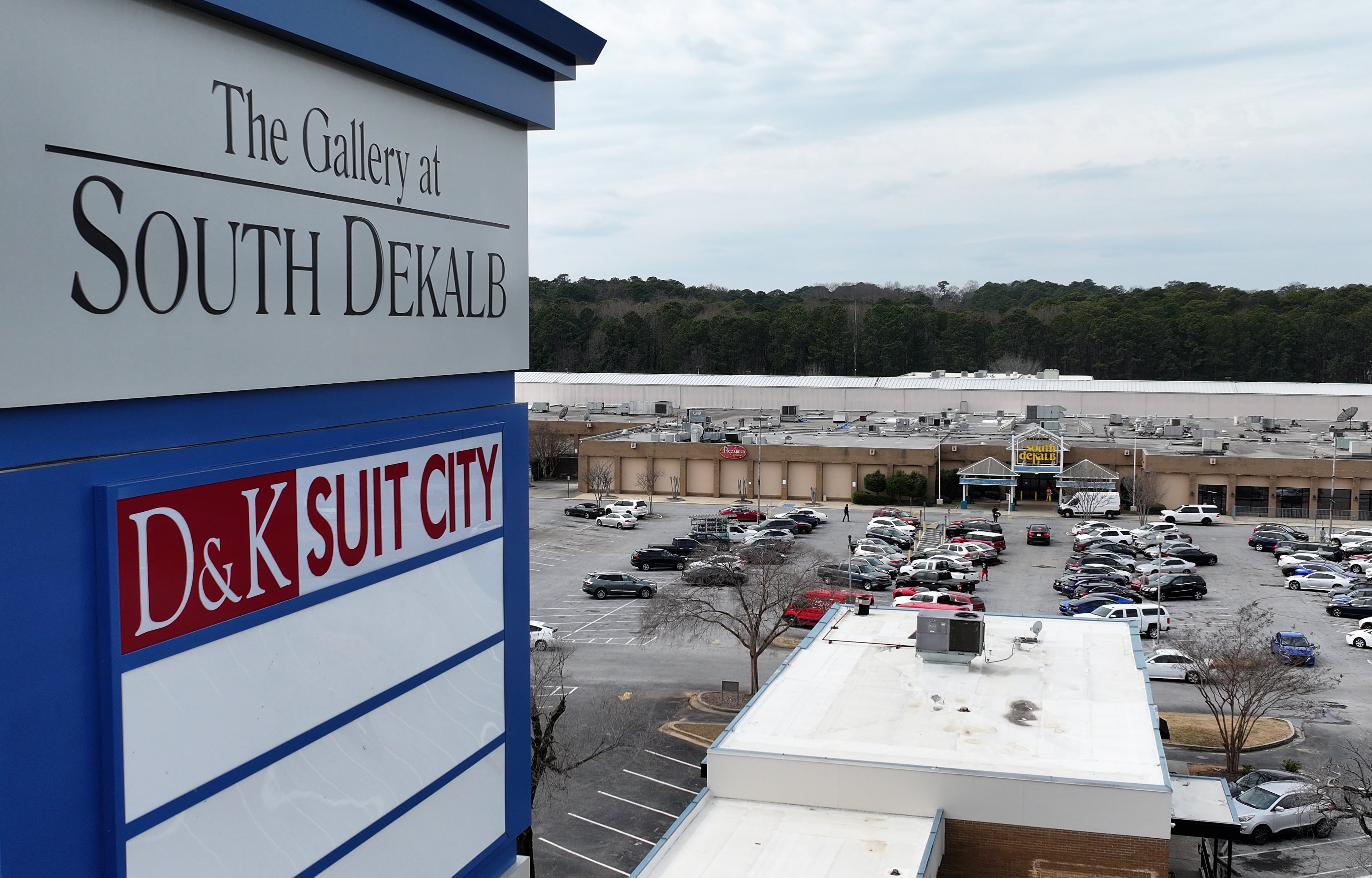 Aerial photo shows South DeKalb Mall, Thursday, Feb. 27, 2025, in Decatur. The mall is in great decline, with few stores and poor maintenance. (Hyosub Shin/AJC)