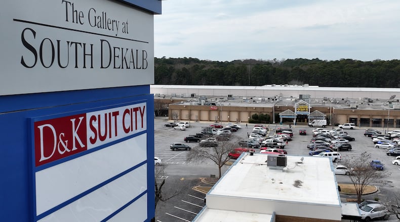 Aerial photo shows South DeKalb Mall, Thursday, February 27, 2025, in Decatur. The mall is in great decline, few stores poor maintenance. (Hyosub Shin / AJC)