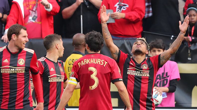 March 18, 2017, Atlanta: Atlanta United forward Josef Martinez (right) celebrates his second of two goals against the Chicago Fire for a 4-0 victory in their MLS game on Saturday, March 18, 2017, in Atlanta. Curtis Compton/ccompton@ajc.com