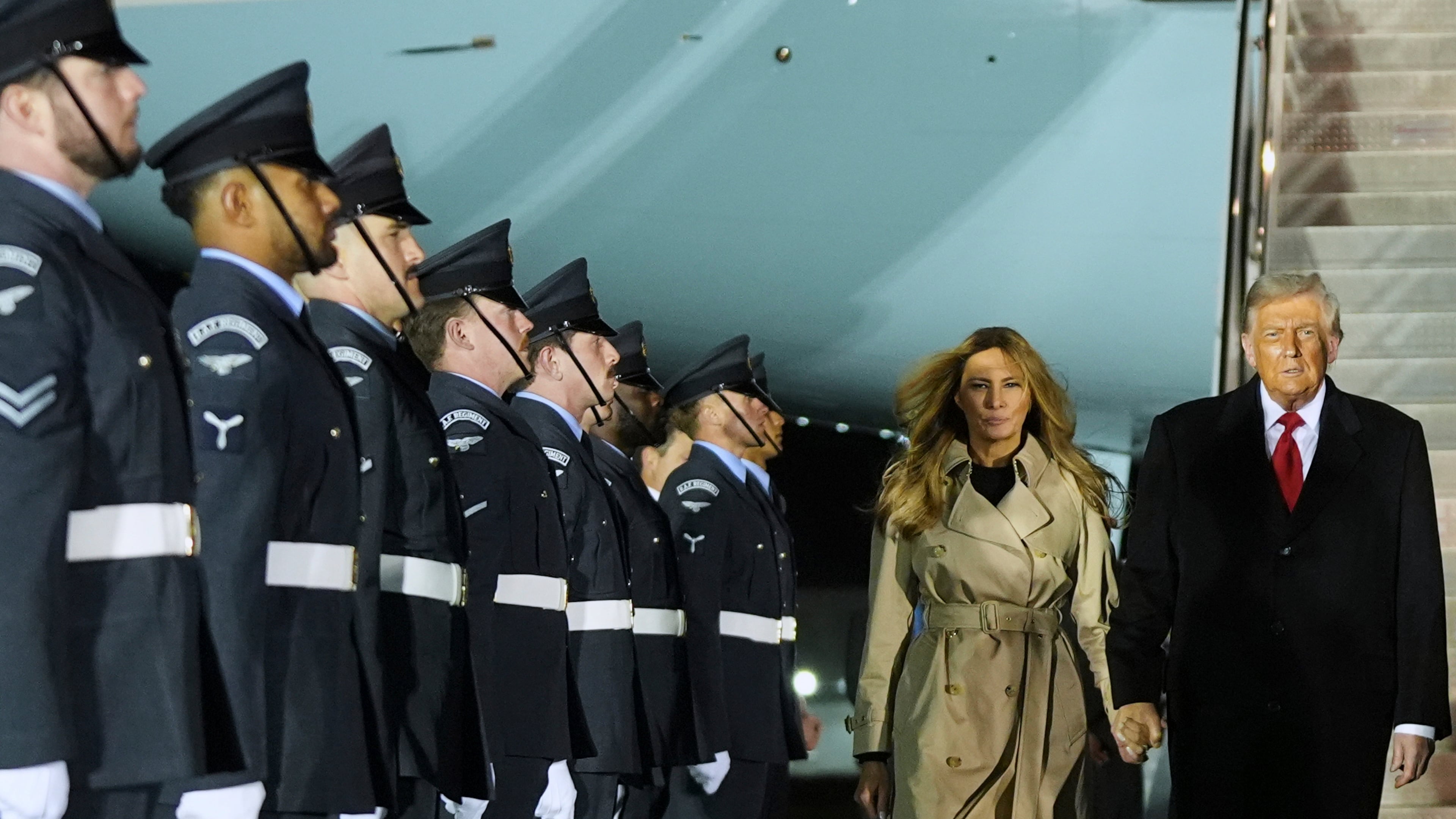 President Donald Trump and first lady Melania Trump arrive at Stansted Airport near London, Tuesday, Sept. 16, 2025. (AP Photo/Evan Vucci)