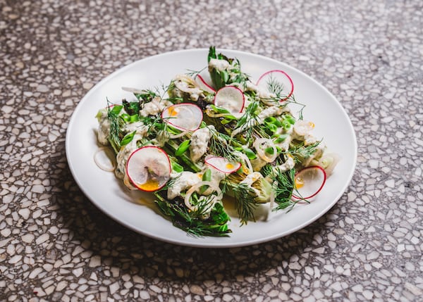 The tender greens from So. Fox include kohlrabi, radish, creme fraiche and shallot. (Courtesy of Dave Crawford)