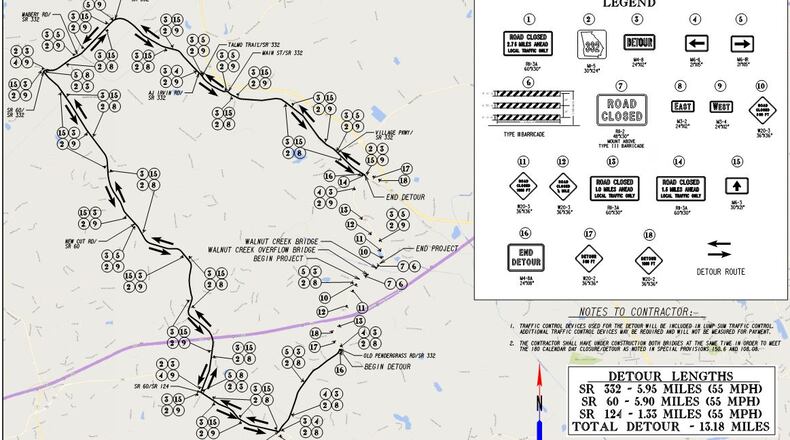 Beginning Jan. 4 the bridges on Ga. 332 that carry traffic over Walnut Creek and it's overflow will be closed to traffic for 180 days. (Courtesy GDOT)