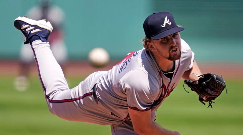 Atlanta Braves pitcher Spencer Schwellenbach delivers during the first inning of a baseball game against the Boston Red Sox, Wednesday, June 5, 2024, at Fenway Park in Boston. (AP Photo/Charles Krupa)
