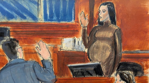 Cassie Ventura takes an oath before testifying in Manhattan federal court, Tuesday, May 13, 2025, in New York. (Elizabeth Williams via AP)