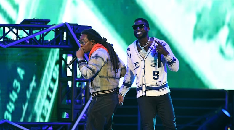 ATLANTA, GA - JANUARY 31: Takeoff of Migos and Gucci Mane perform onstage during Bud Light Super Bowl Music Fest / EA SPORTS BOWL at State Farm Arena on January 31, 2019 in Atlanta, Georgia. (Photo by Kevin Winter/Getty Images for Bud Light Super Bowl Music Fest / EA SPORTS BOWL)