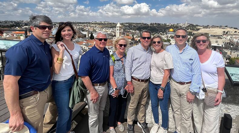Georgia Gov. Brian Kemp (fourth from right) leads a state delegation to Israel that includes his wife, Marty; House Speaker Jon Burns and wife Dayle; Senate GOP leader John Kennedy and wife Susan; and state Rep. Shaw Blackmon and wife Whitney. (Photo: Greg Bluestein / Greg.Bluestein@ajc.com)